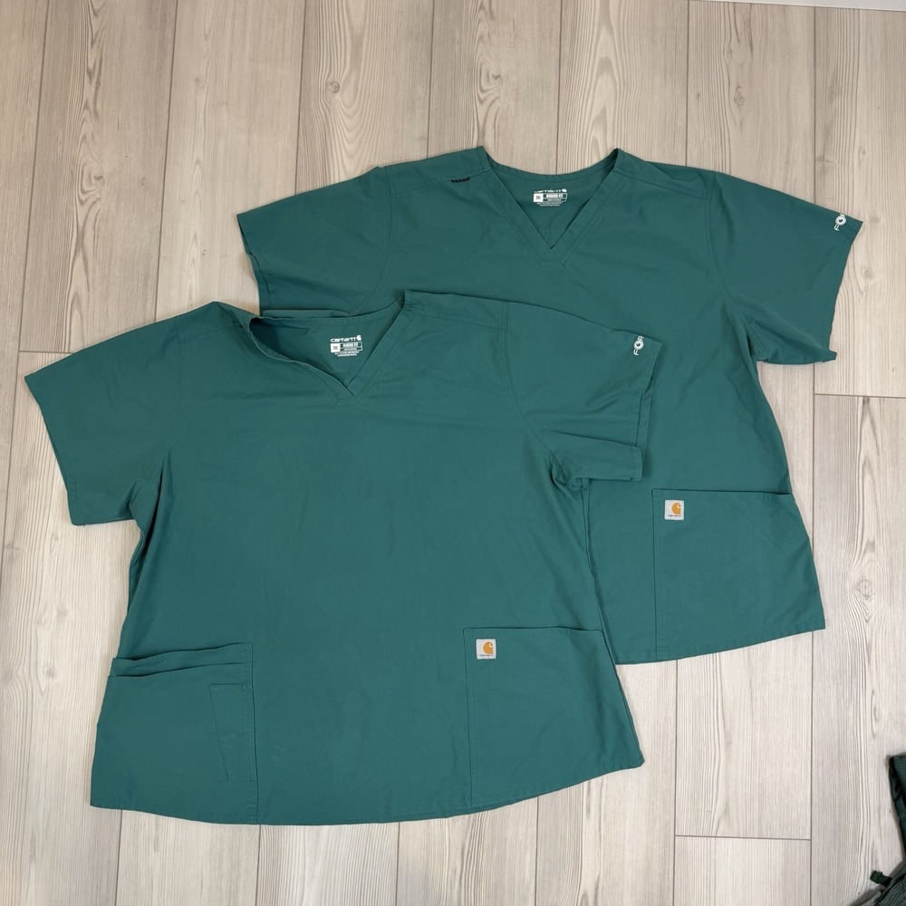 Lot Of‎ 2 Carhartt 3XL Force Essentials Unisex V-Neck 6-Pocket Scrub Top Green